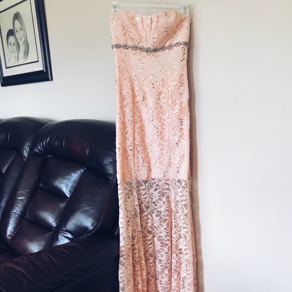 Light pink lace strapless prom dress
